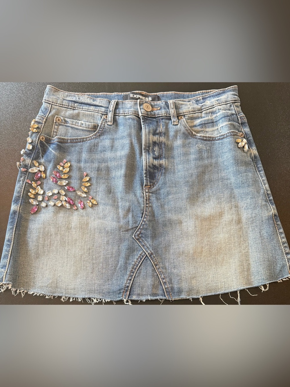 Express Light Blue Distressed Denim Skirt with Jeweled Accent size 6